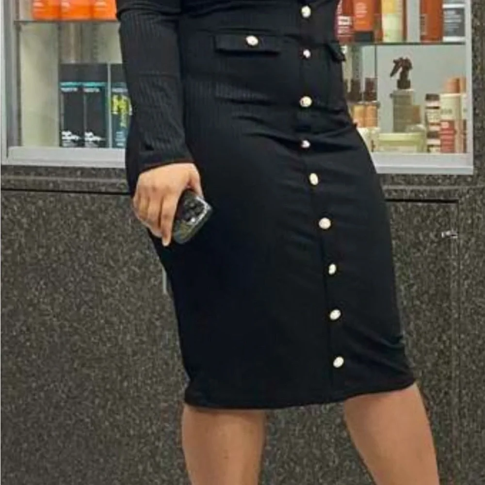 Black Button Down Midi Dress with Gold Button Long Sleeve Work to Evening Dress - Picture 5 of 6